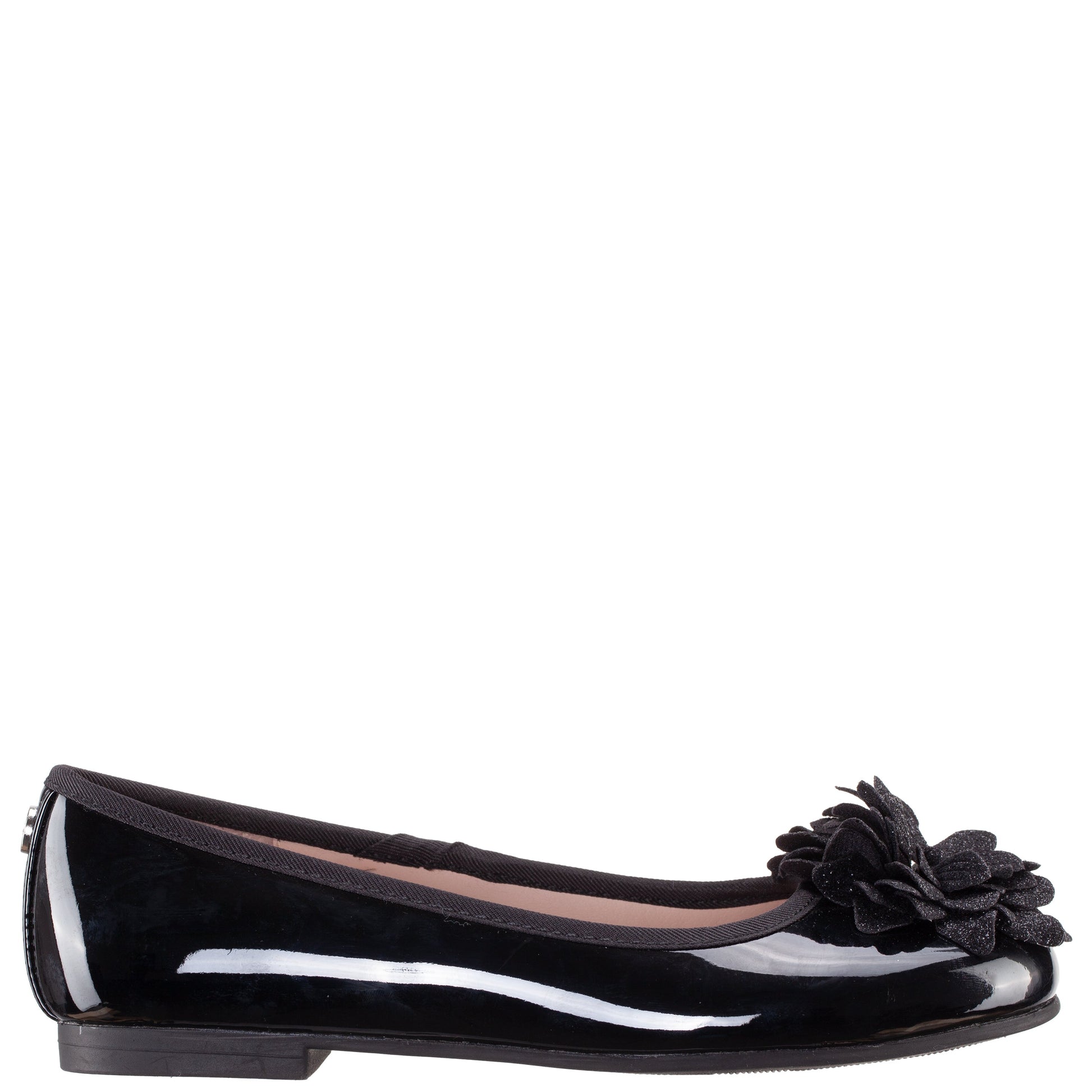 Girls Jeanesse Black patent flower ballet flats | Nina Shoes