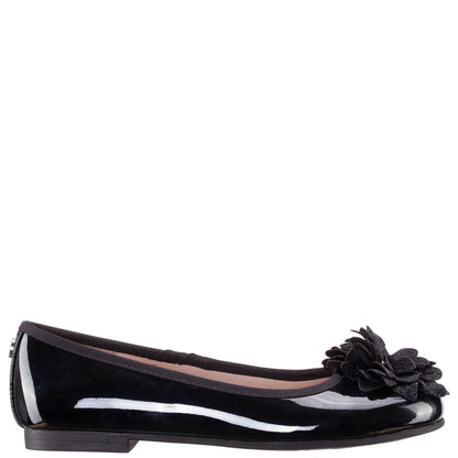 Girls Jeanesse Black patent flower ballet flats | Nina Shoes
