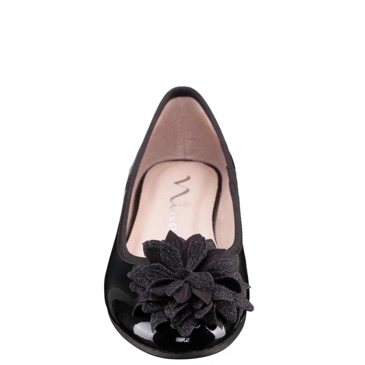 Girls Jeanesse Black patent flower ballet flats | Nina Shoes