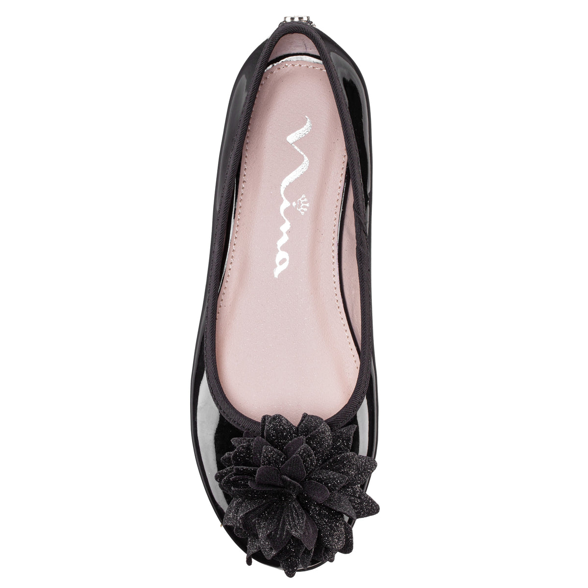 Girls Jeanesse Black patent flower ballet flats | Nina Shoes