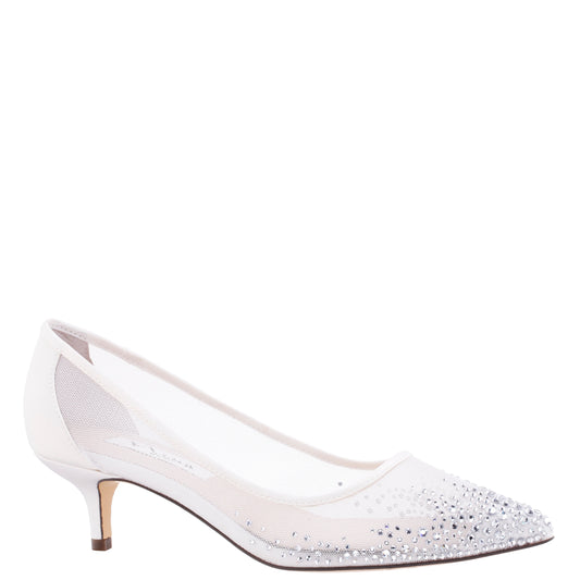 Sofie White Mesh with Faceted Crystals Kitten-Heel Pumps | Nina Shoes
