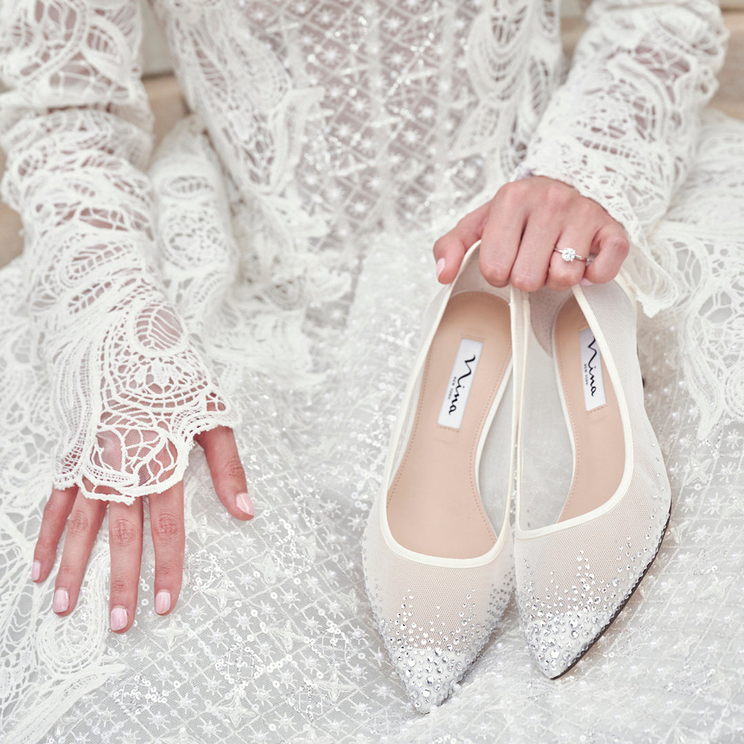 Sofie White Mesh with Faceted Crystals Kitten-Heel Pumps | Nina Shoes