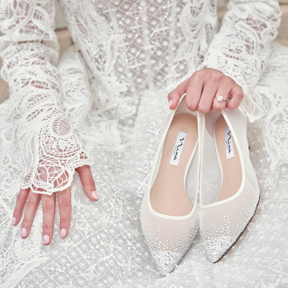 Sofie White Mesh with Faceted Crystals Kitten-Heel Pumps | Nina Shoes