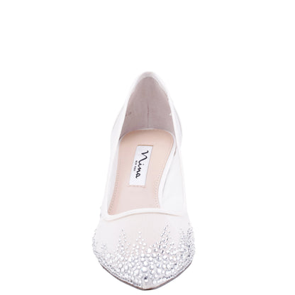 Sofie White Mesh with Faceted Crystals Kitten-Heel Pumps | Nina Shoes