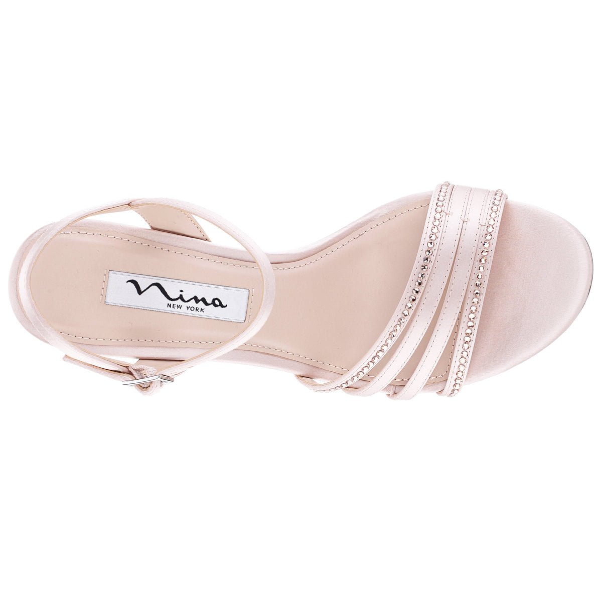 Nelena Pearl Rose Satin with Matching Crystals Low-Heel Sandals with Ankle-Strap | Nina Shoes