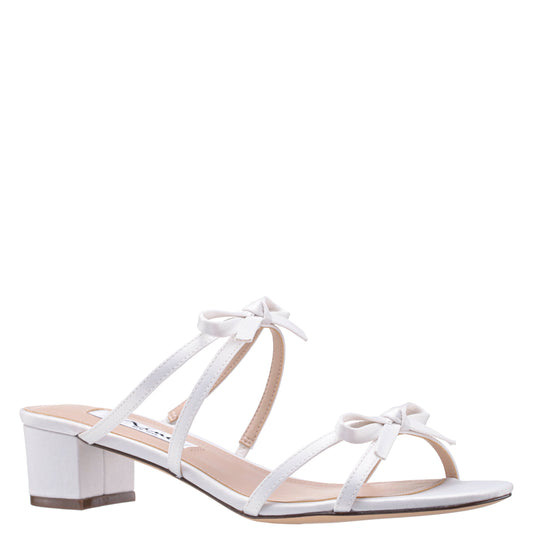 Gaby White Satin with Bows on a Block-Heel Slide | Nina Shoes