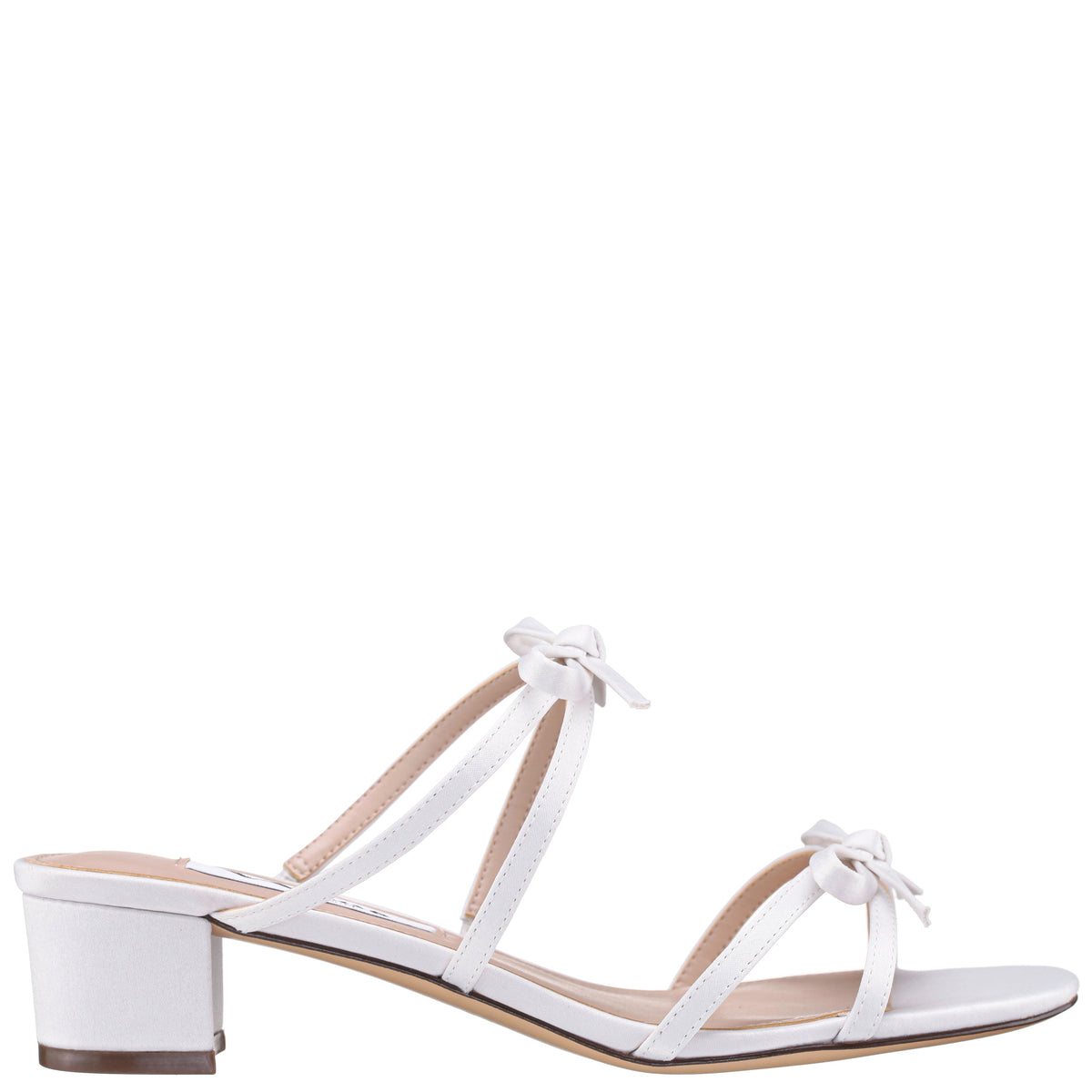 Gaby White Satin with Bows on a Block-Heel Slide | Nina Shoes