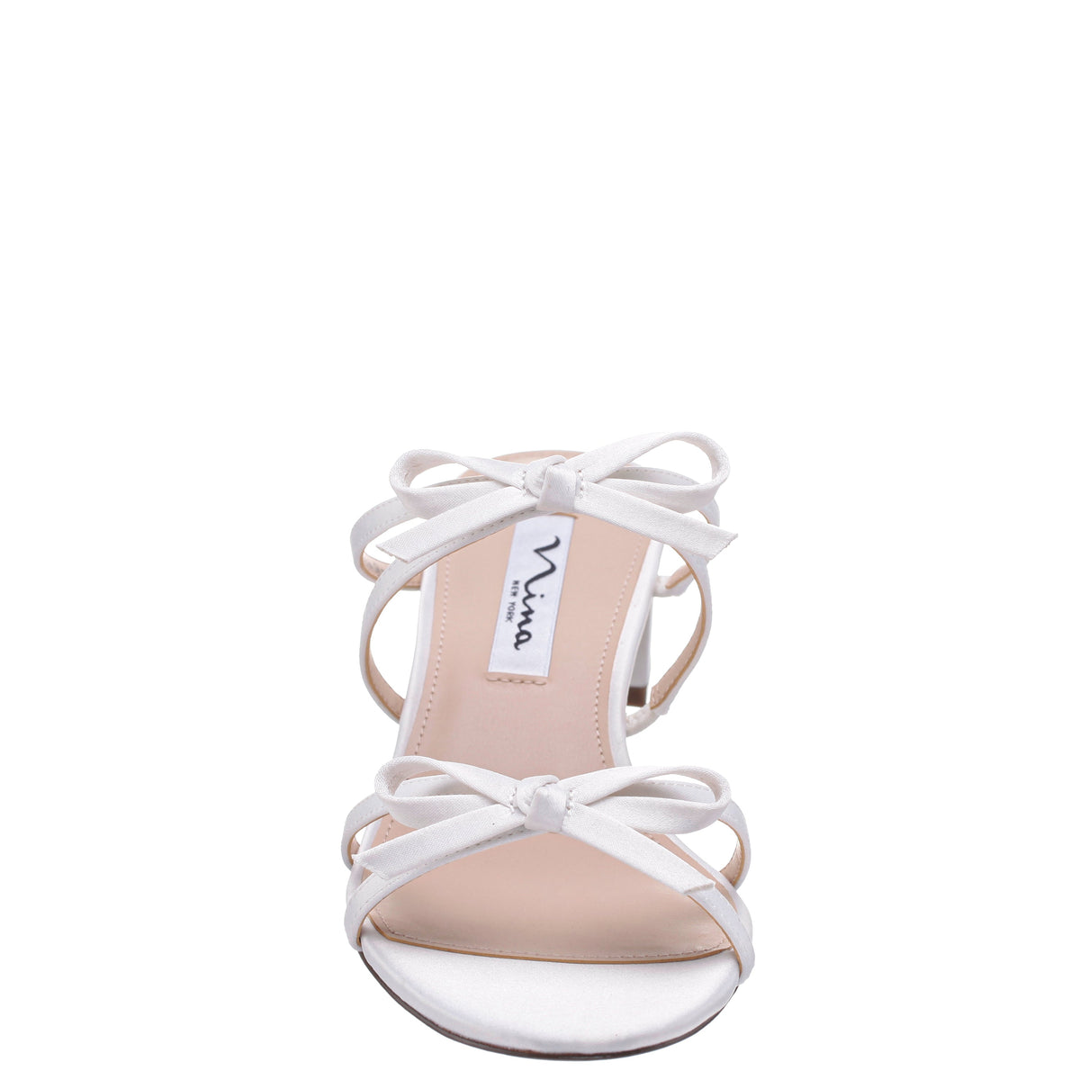 Gaby White Satin with Bows on a Block-Heel Slide | Nina Shoes