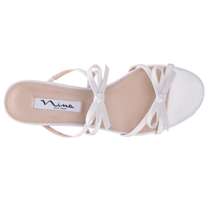 Gaby White Satin with Bows on a Block-Heel Slide | Nina Shoes