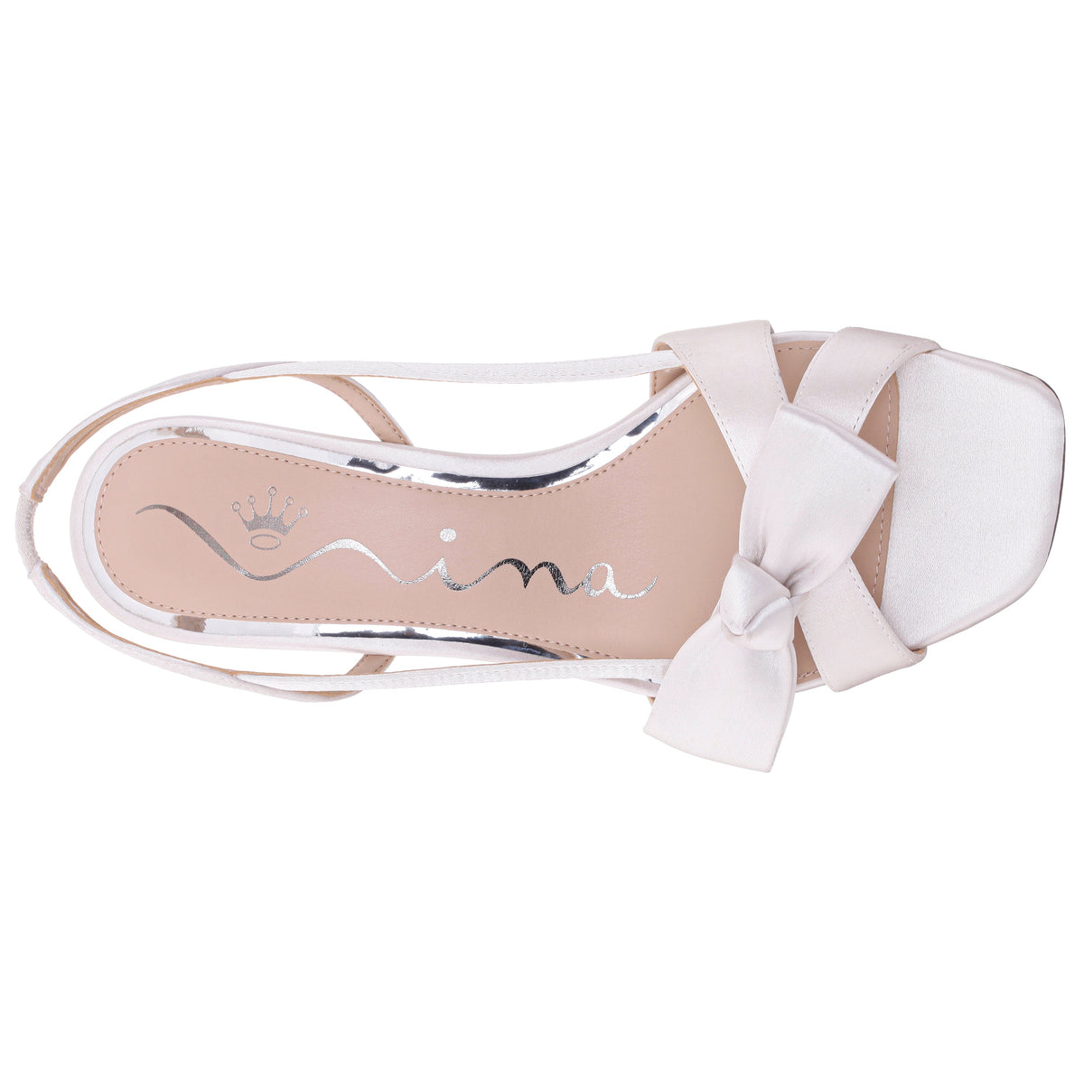 Lizette White Satin with Bow Slingback Sandals on a Mid-Heel | Nina Shoes