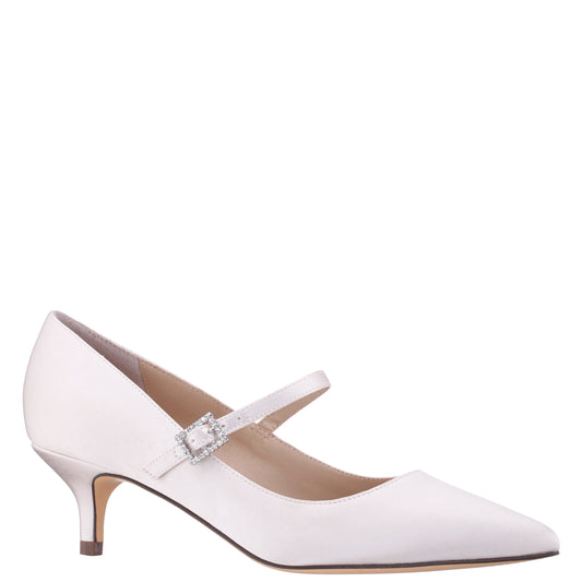 Namali White Satin with Rhinestone Buckle Kitten-Heel Pumps | Nina Shoes