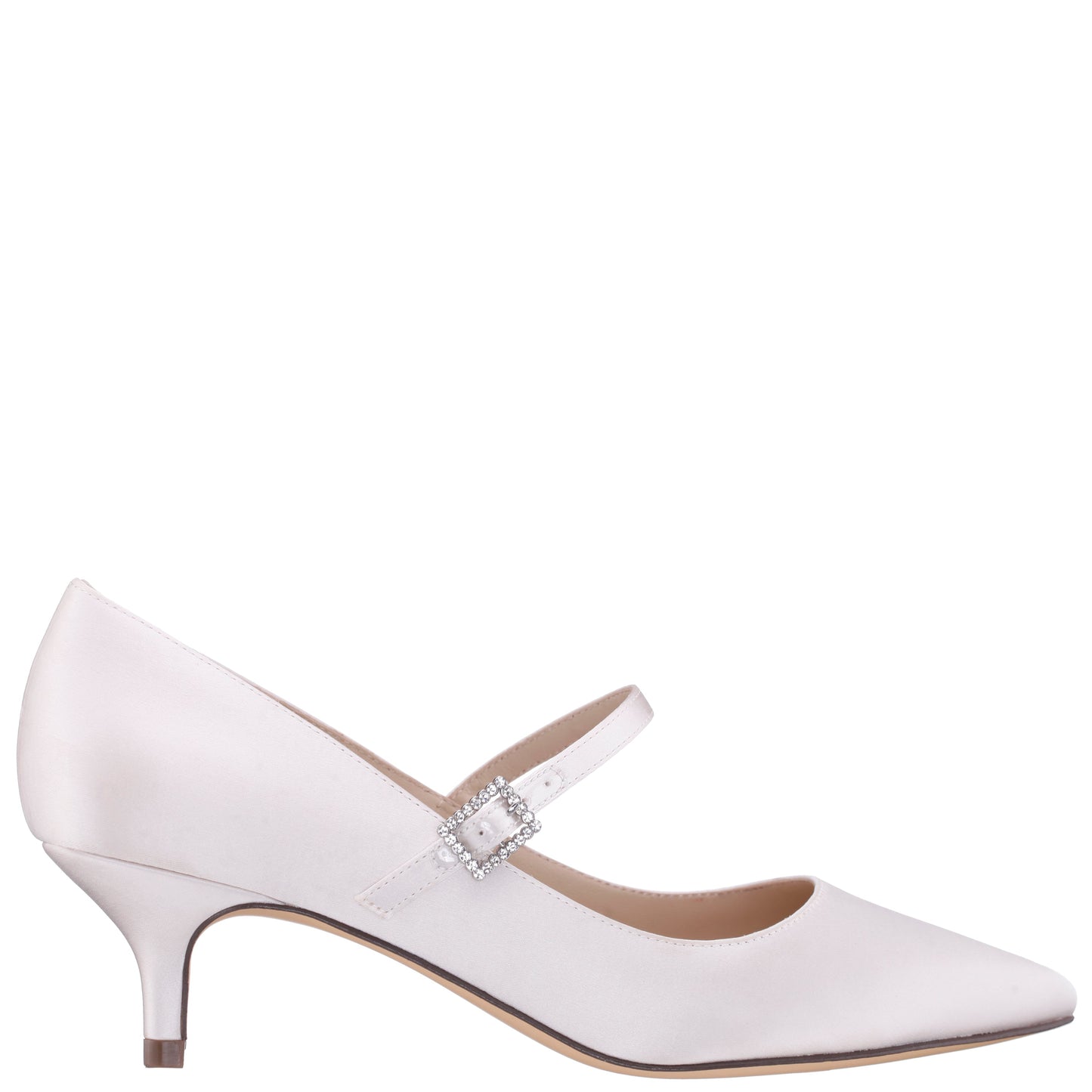 Namali White Satin with Rhinestone Buckle Kitten-Heel Pumps | Nina Shoes