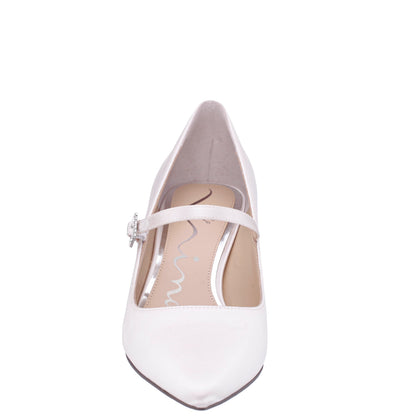 Namali White Satin with Rhinestone Buckle Kitten-Heel Pumps | Nina Shoes