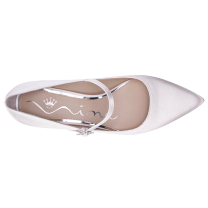 Namali White Satin with Rhinestone Buckle Kitten-Heel Pumps | Nina Shoes