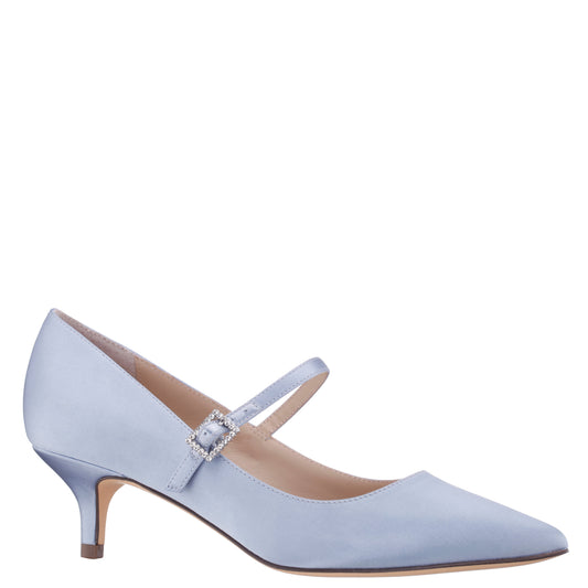 Namali Blue Satin with Rhinestone Buckle Kitten-Heel Pumps | Nina Shoes