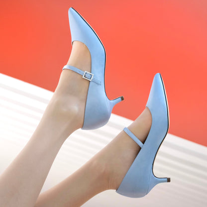 Namali Blue Satin with Rhinestone Buckle Kitten-Heel Pumps | Nina Shoes