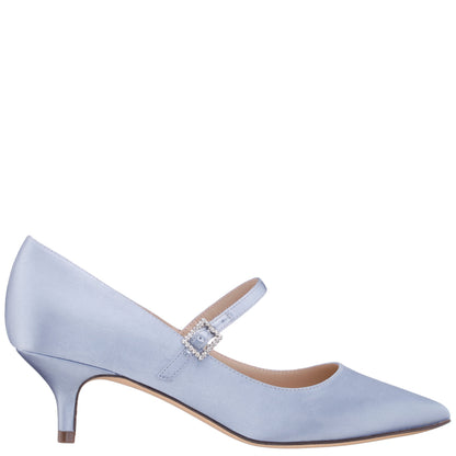 Namali Blue Satin with Rhinestone Buckle Kitten-Heel Pumps | Nina Shoes