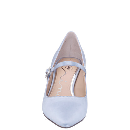 Namali Blue Satin with Rhinestone Buckle Kitten-Heel Pumps | Nina Shoes