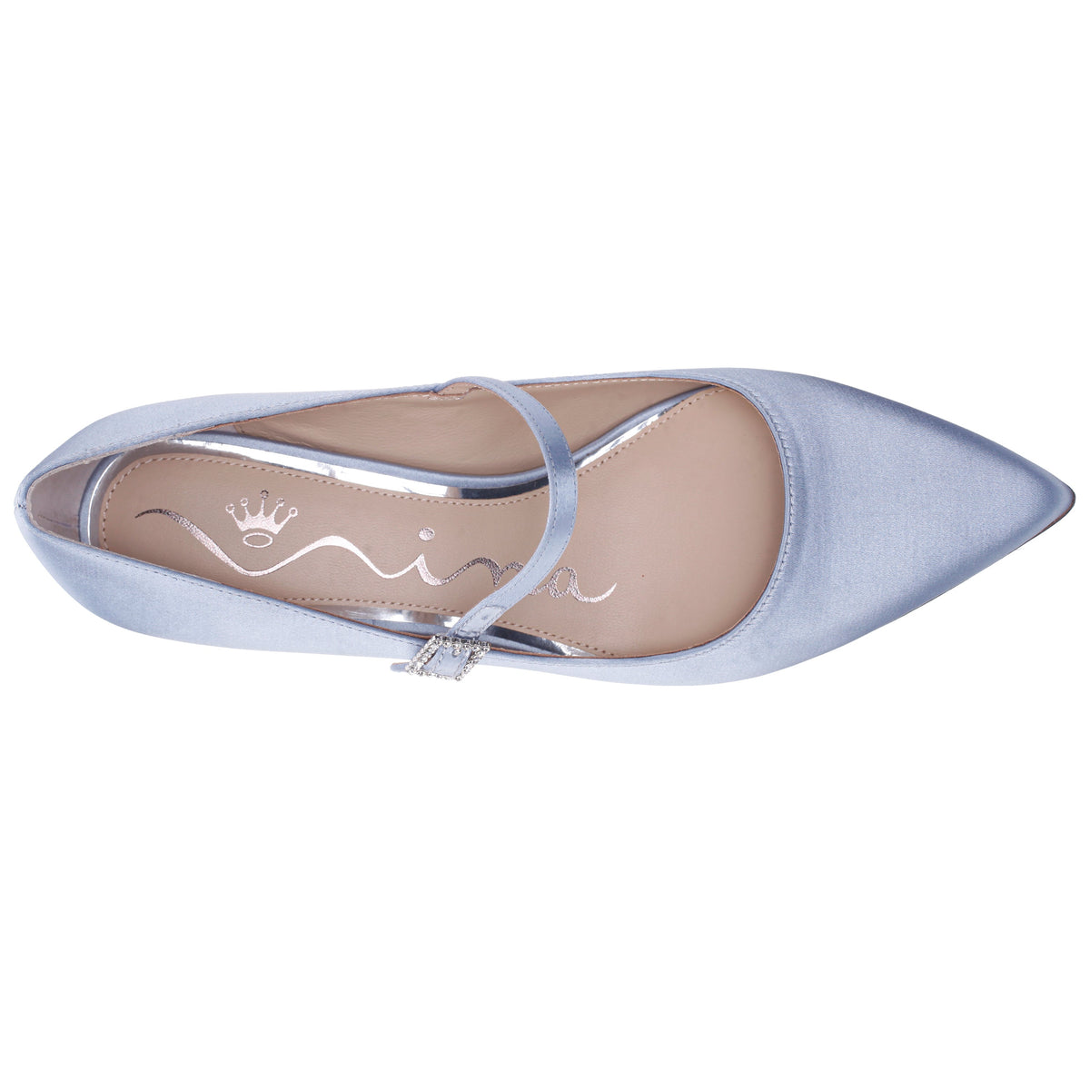 Namali Blue Satin with Rhinestone Buckle Kitten-Heel Pumps | Nina Shoes