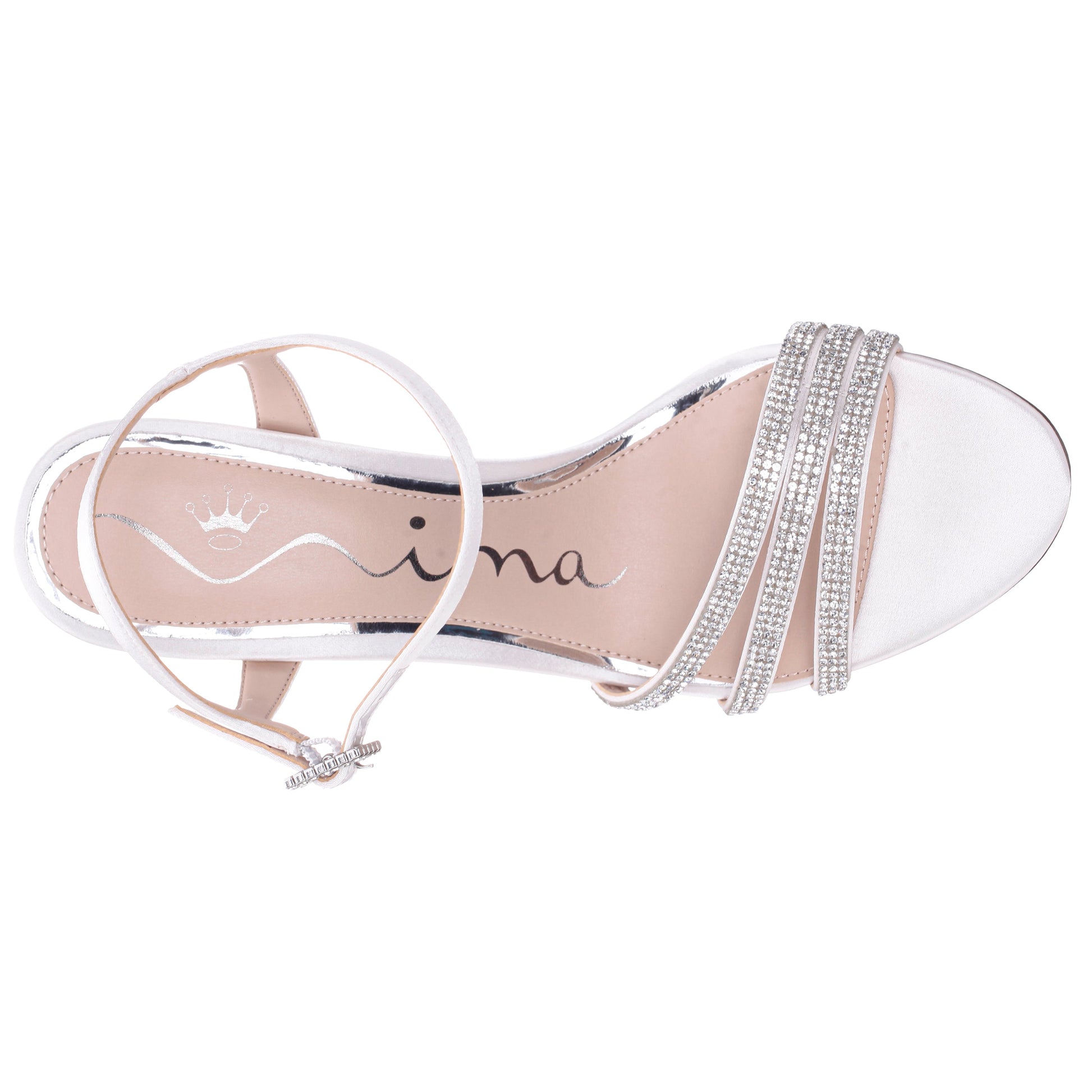 Veera White Satin with Crystals and Pearls High-Heel Sandals with Jeweled Ankle-Strap | Nina Shoes
