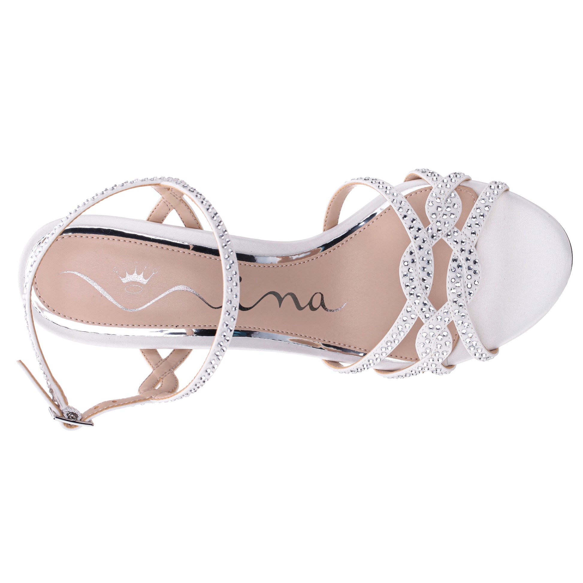 Rosa White Satin with Clear Crystals High-Heel Platform Sandals with Ankle-Strap | Nina Shoes