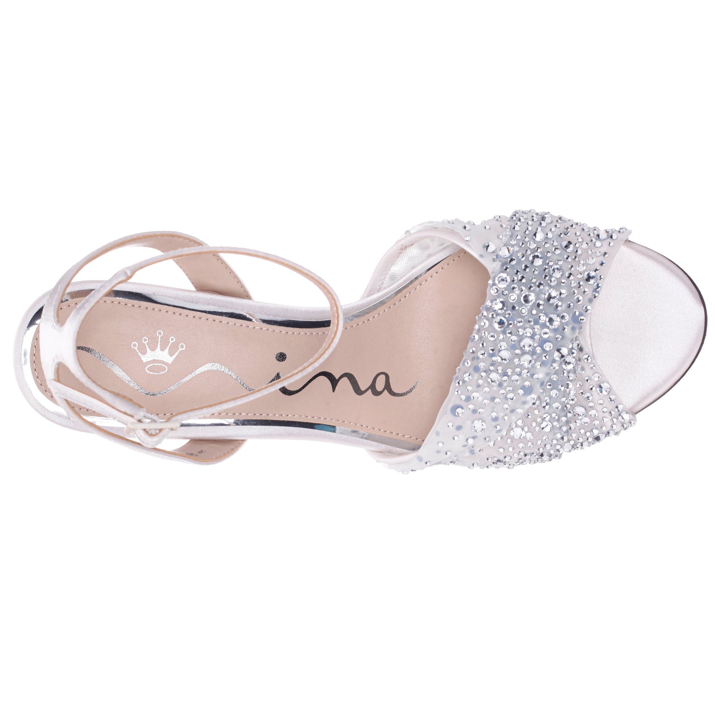 Vida White Satin with Mesh and Faceted Crystals High-Heel Sandals with Ankle-Strap | Nina Shoes