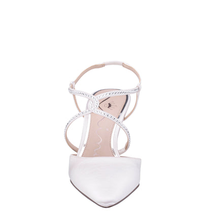 Nichele White Satin with Crystal Twist Mid-Heel Slingback Pumps | Nina Shoes