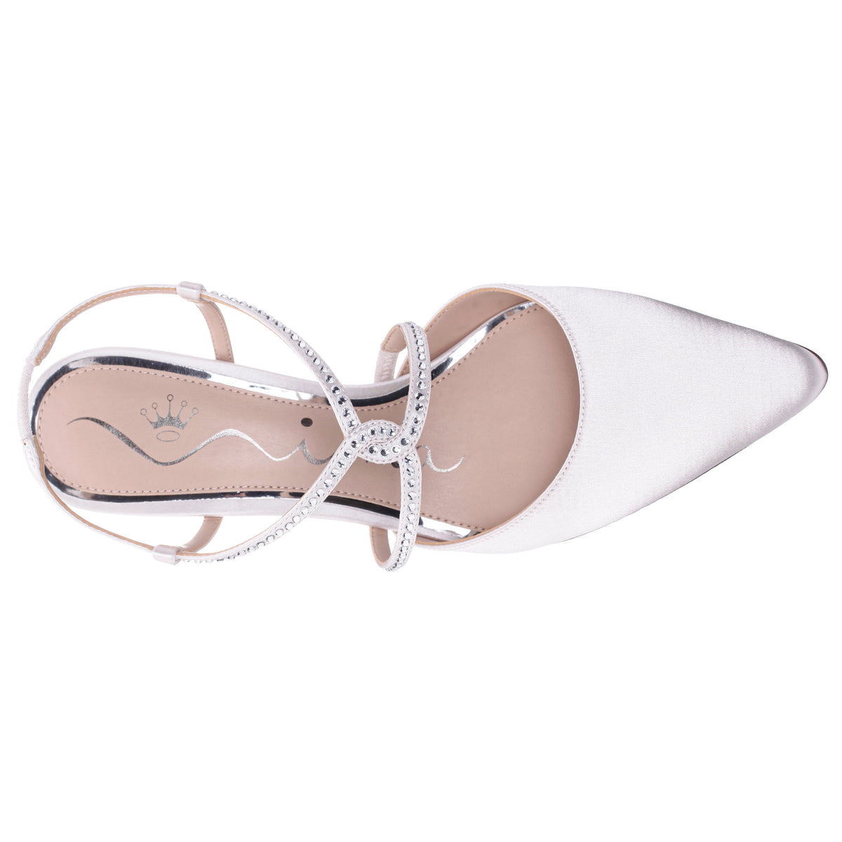 Nichele White Satin with Crystal Twist Mid-Heel Slingback Pumps | Nina Shoes