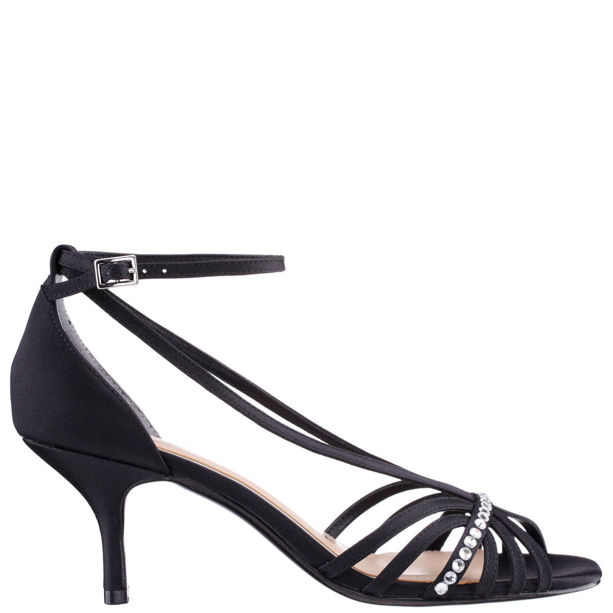 Bellva Black Satin Mid-Heel Sandal | Nina Shoes