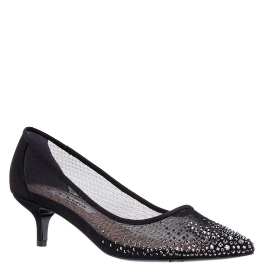 Sofie Black Mesh with Faceted Crystals Kitten-Heel Pumps | Nina Shoes
