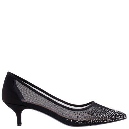 Sofie Black Mesh with Faceted Crystals Kitten-Heel Pumps | Nina Shoes