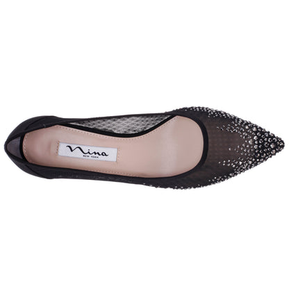 Sofie Black Mesh with Faceted Crystals Kitten-Heel Pumps | Nina Shoes