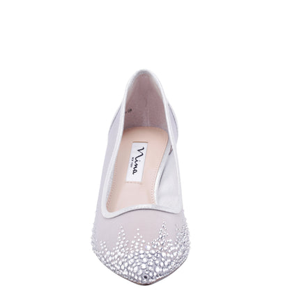 Sofie True Silver Mesh with Faceted Crystals Kitten-Heel Pumps | Nina Shoes