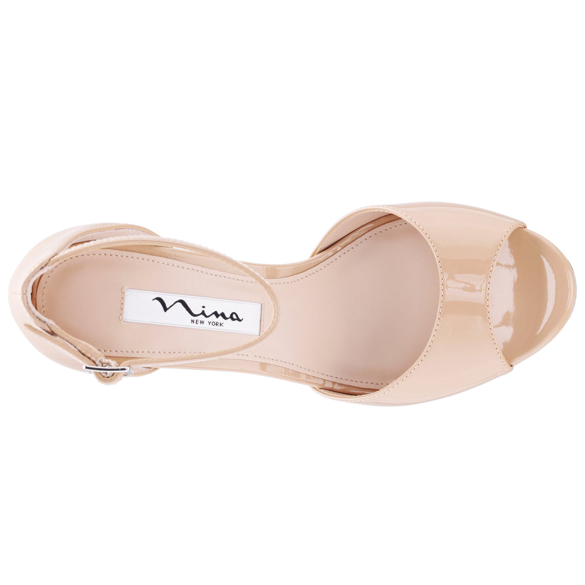 Famia Beige Patent Leatherette Stiletto Platform Sandals with Ankle-Strap | Nina Shoes