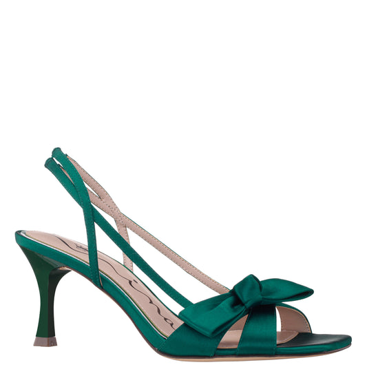 Lizette Green Satin with Bow Slingback Sandal on a Mid-Heel | Nina Shoes
