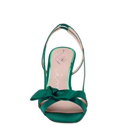 Lizette Green Satin with Bow Slingback Sandal on a Mid-Heel | Nina Shoes