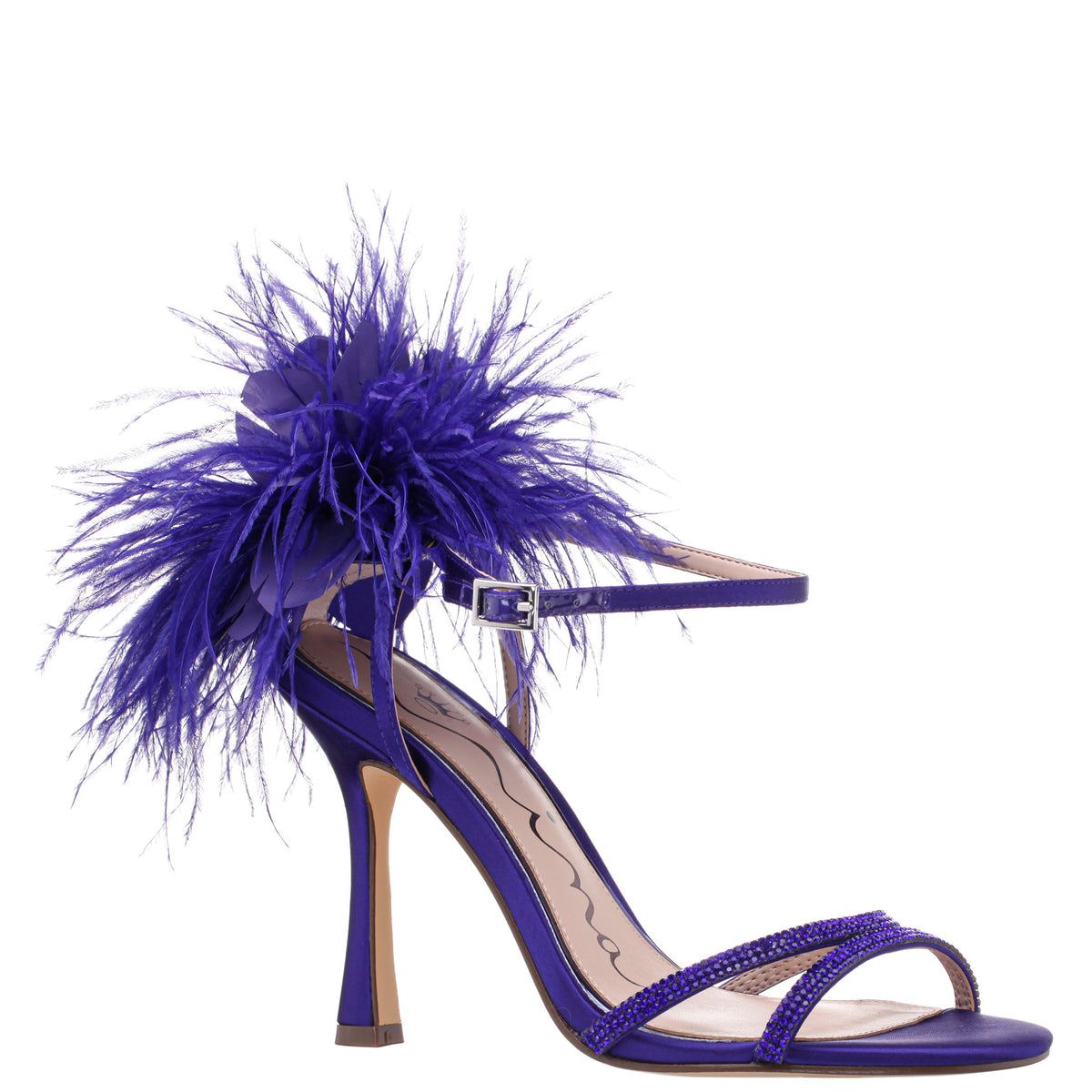 Demi Purple Satin High-Heel Sandals with Matching Crystals, Feathers and Ankle Strap | Nina Shoes