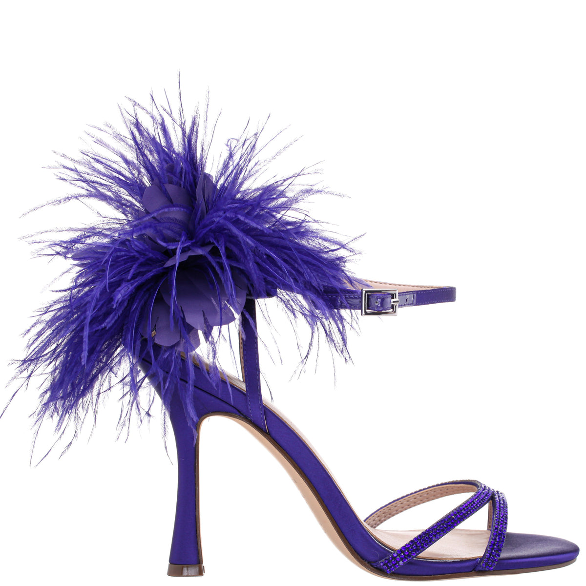 Demi Purple Satin High-Heel Sandals with Matching Crystals, Feathers and Ankle Strap | Nina Shoes