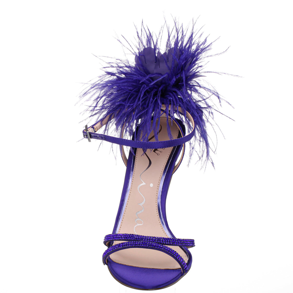 Demi Purple Satin High-Heel Sandals with Matching Crystals, Feathers and Ankle Strap | Nina Shoes
