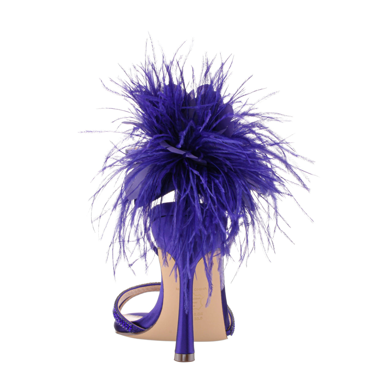 Demi Purple Satin High-Heel Sandals with Matching Crystals, Feathers and Ankle Strap | Nina Shoes