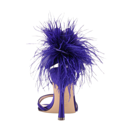 Demi Purple Satin High-Heel Sandals with Matching Crystals, Feathers and Ankle Strap | Nina Shoes