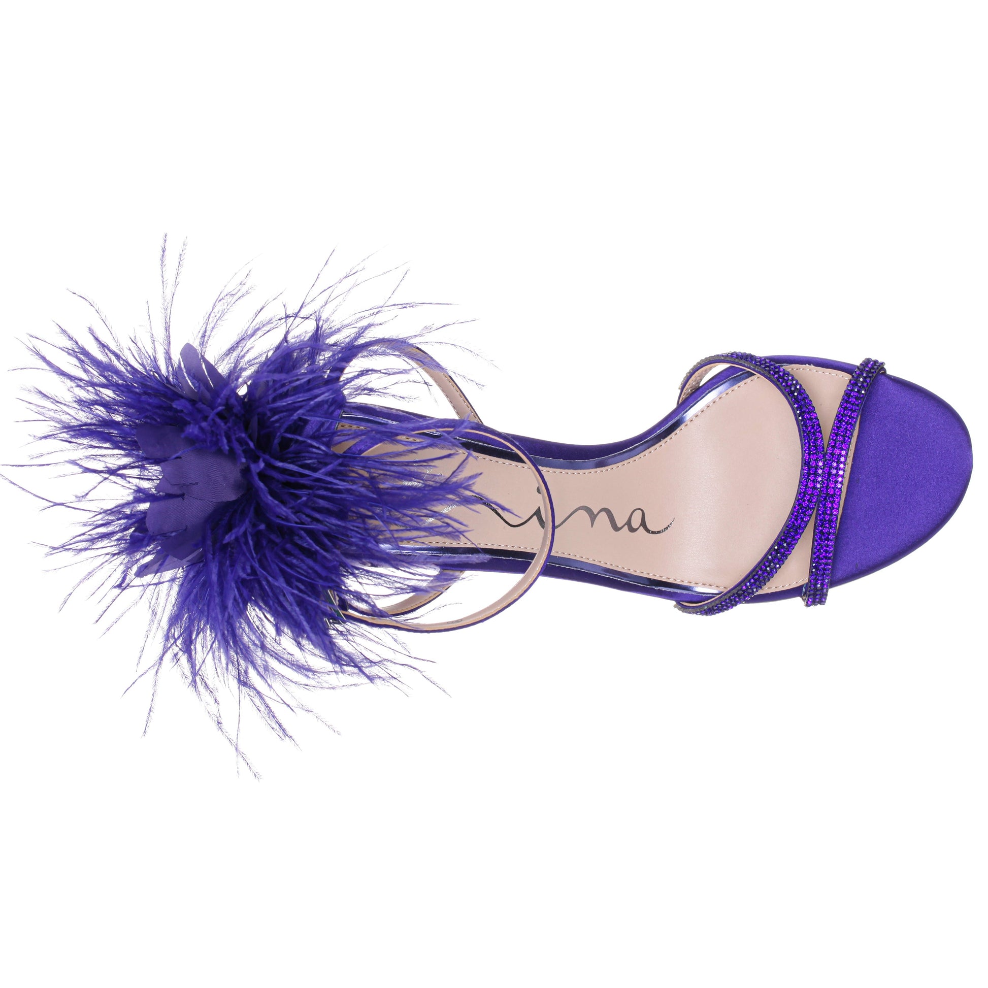 Demi Purple Satin High-Heel Sandals with Matching Crystals, Feathers and Ankle Strap | Nina Shoes