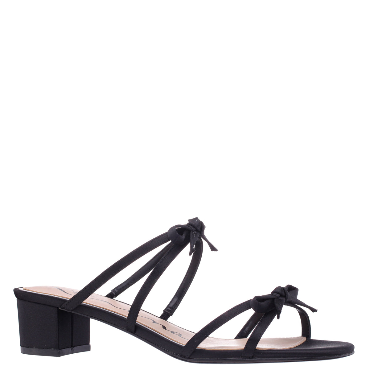 Gaby Black Satin with Bows on a Block-Heel Slide | Nina Shoes