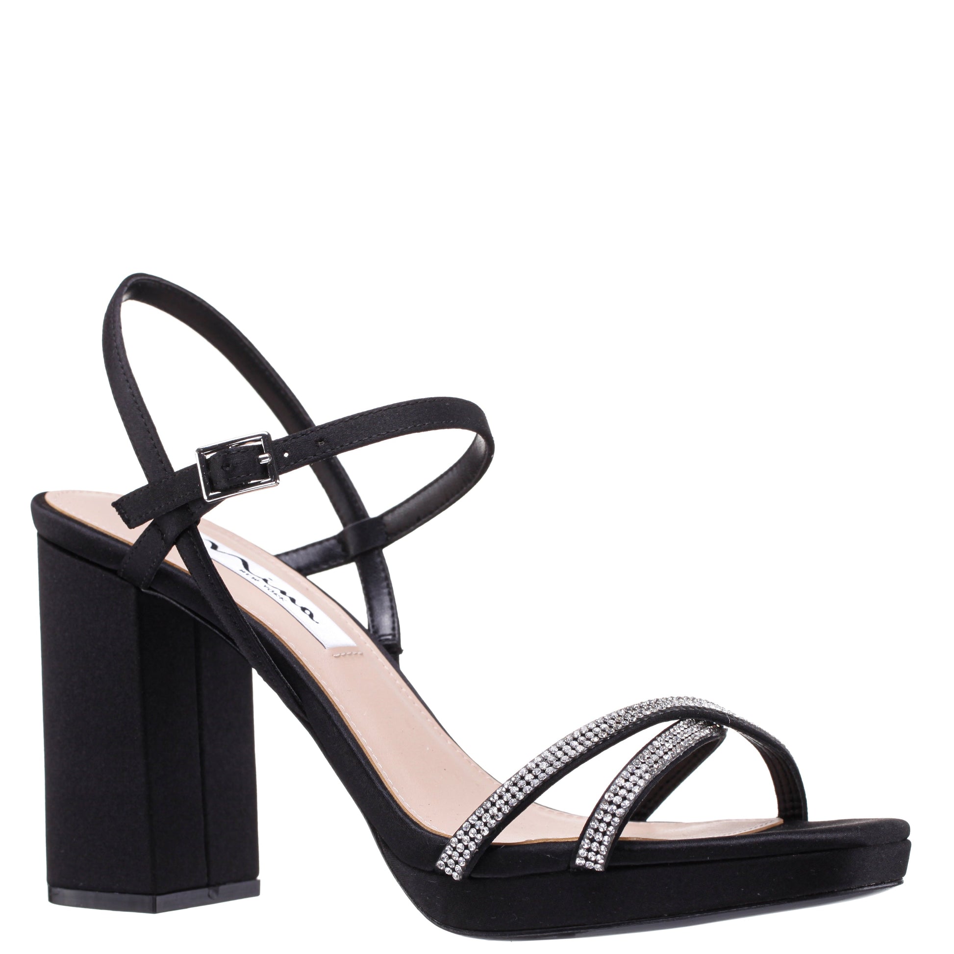 Steven Black Satin with Crystal X-Band Block-Heel Platform Sandals with Ankle-Strap | Nina Shoes