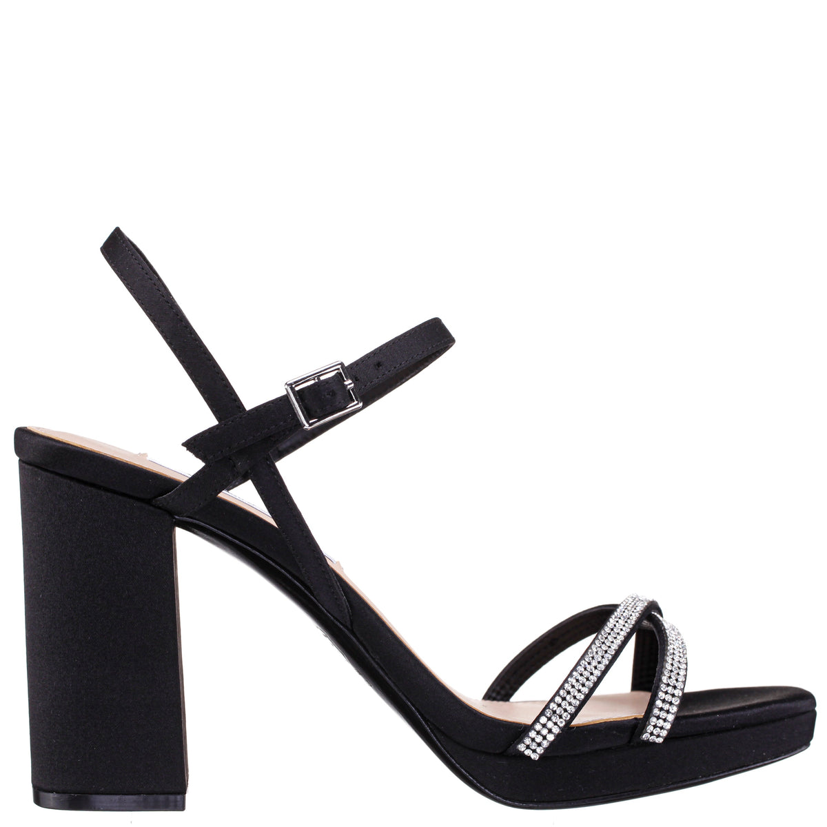 Steven Black Satin with Crystal X-Band Block-Heel Platform Sandals with Ankle-Strap | Nina Shoes
