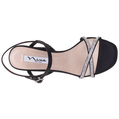 Steven Black Satin with Crystal X-Band Block-Heel Platform Sandals with Ankle-Strap | Nina Shoes