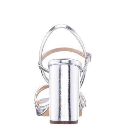 Steven Silver Metallic Foil with Crystal X-Band Block-Heel Platform Sandals with Ankle-Strap | Nina Shoes