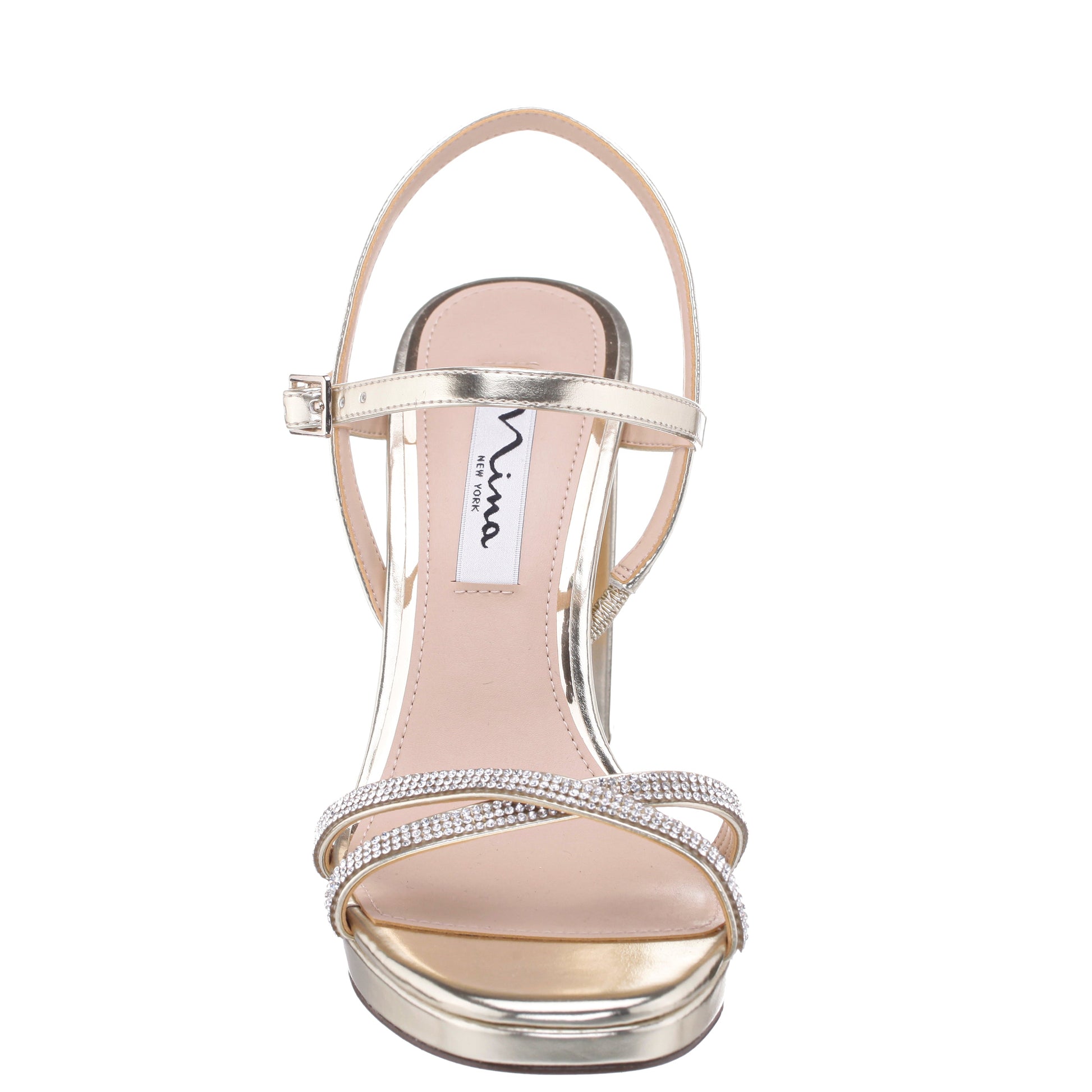 Steven Platino Metallic Foil with Crystal X-Band Block-Heel Platform Sandals with Ankle-Strap | Nina Shoes