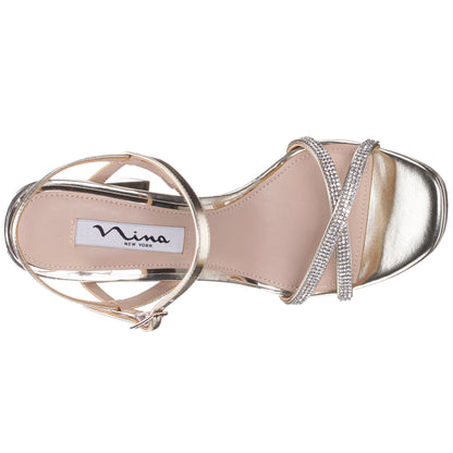 Steven Platino Metallic Foil with Crystal X-Band Block-Heel Platform Sandals with Ankle-Strap | Nina Shoes