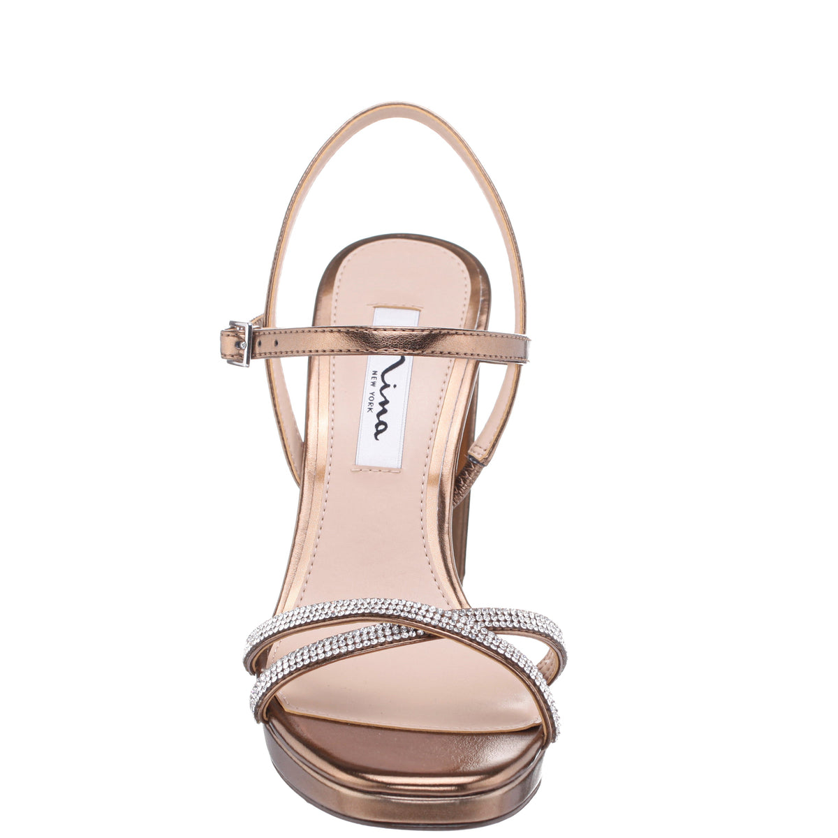 Steven Brown Metallic Foil with Crystal X-Band Block-Heel Platform Sandals with Ankle-Strap | Nina Shoes